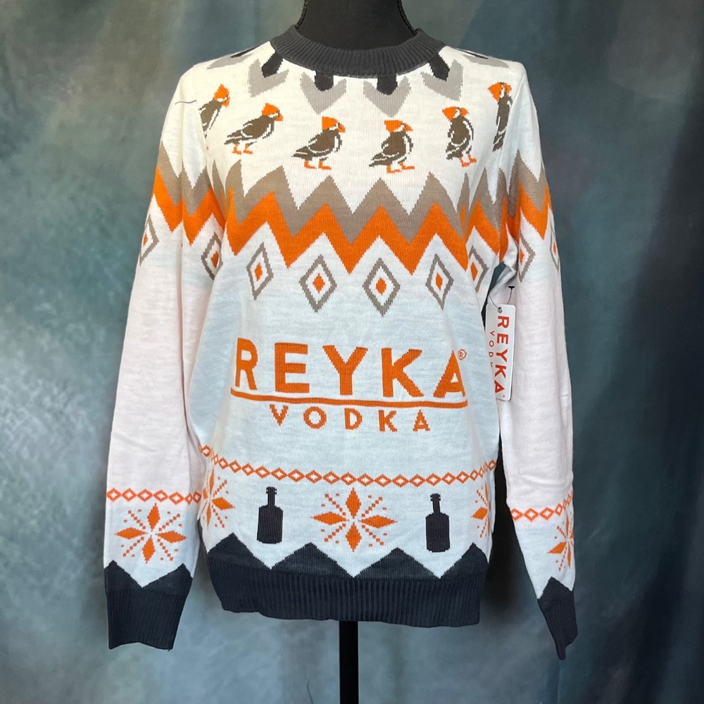 Reyka Vodka Sweater Fair Isle Knit Puffins Bottles Women's Small